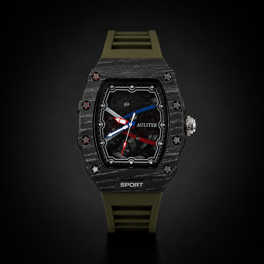 AULITER Carbon Sport Skeleton Watch – Olive Green Edition