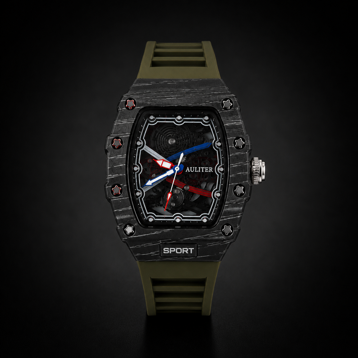 AULITER Carbon Sport Skeleton Watch – Olive Green Edition